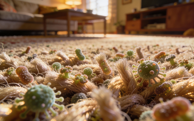 Close up illustration of bacteria and dust mites living in carpet fibres inside a living room, showing hidden sources of household odours.