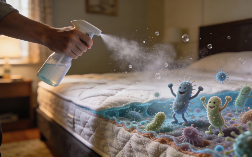 Person spraying a mattress while illustrated bacteria and dust mites are being targeted inside the mattress layers.