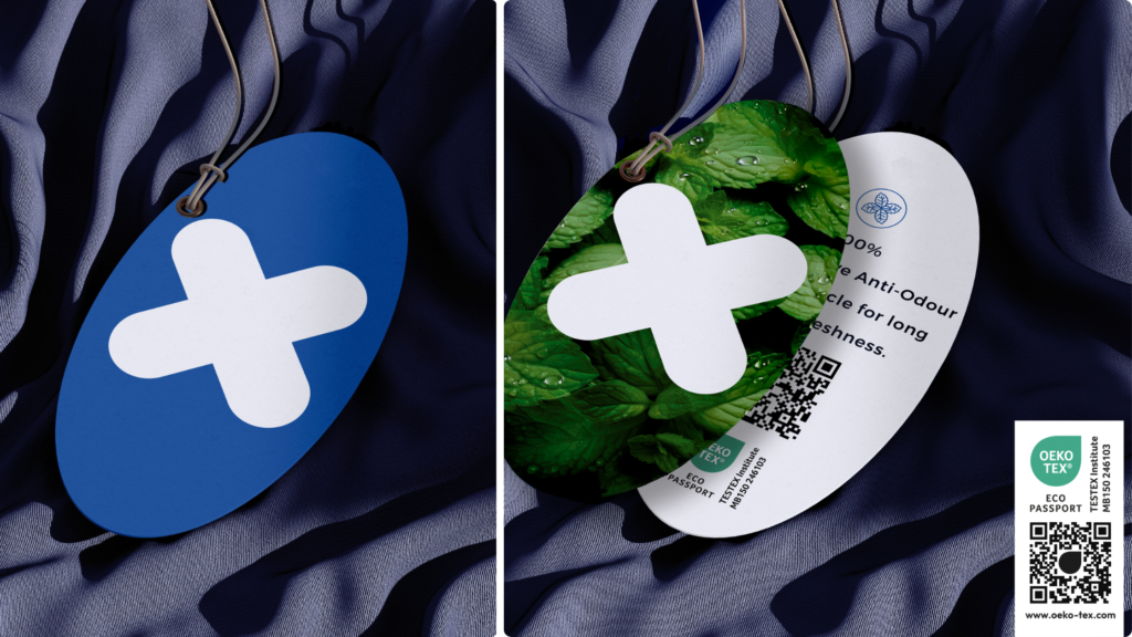 HealthGuard anti-microbial garment tags showing front and back, highlighting odour control and certified protection.