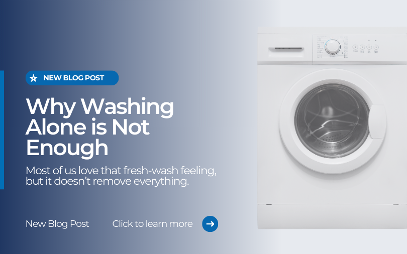 Front loading washing machine beside text reading Why Washing Alone Is Not Enough promoting a blog about textile hygiene and antimicrobial protection.