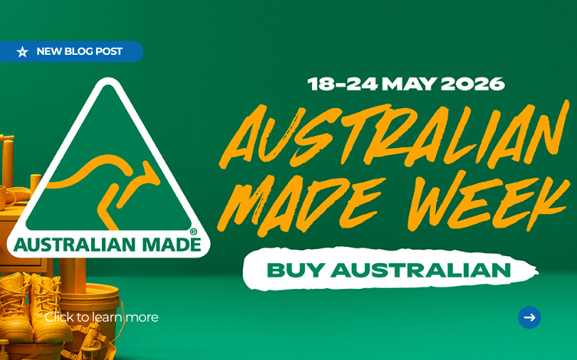 Australian Made Week banner featuring the Australian Made kangaroo logo, green background, and text promoting buying Australian products from 18–24 May 2026.