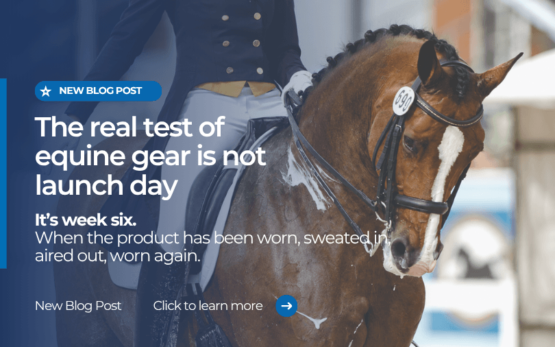 Competition horse wearing equestrian gear after exercise, featured in a blog banner titled "Designing Equine Gear That Holds Up After Real Use", highlighting long-term performance, durability, and hygiene in equine products.